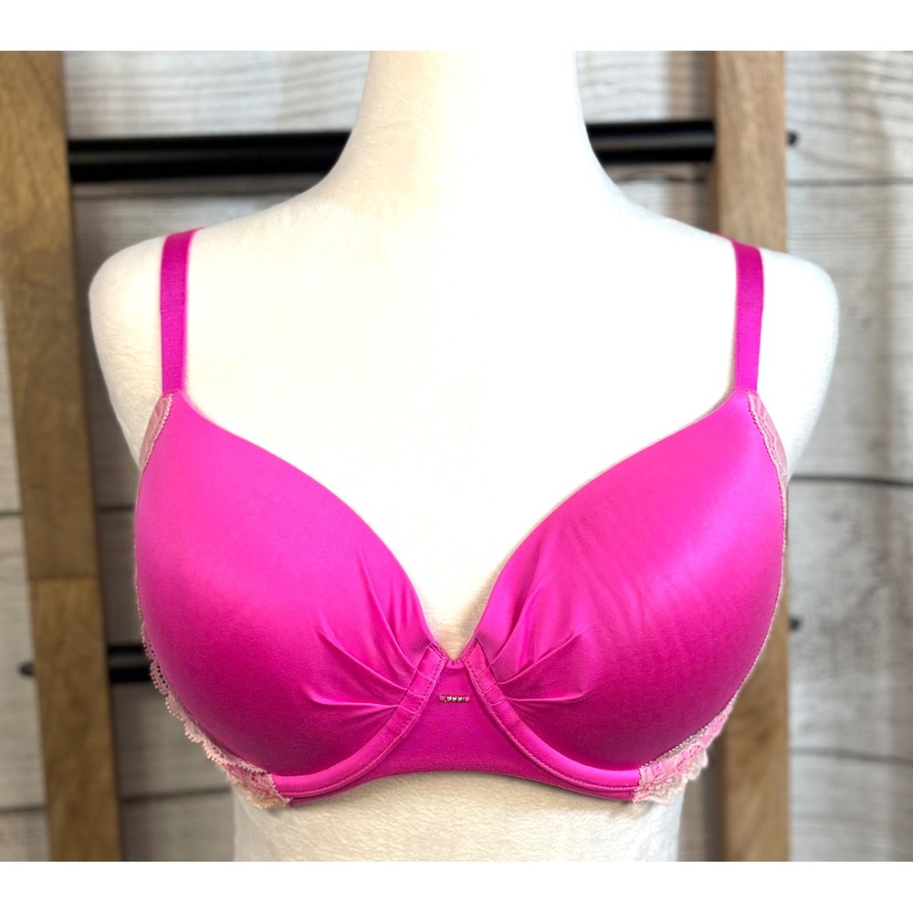 Victoria's Secret Lined Demi Bra Hot Pink Lace Pleated Rhinestone 36D
